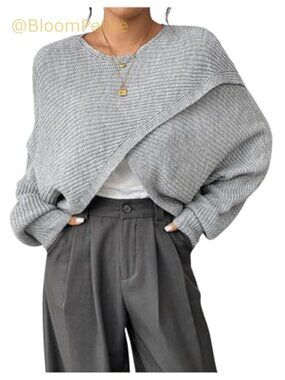 Asymmetrical Wrap Crop Sweater Boat Neck Lantern Sleeve Pullover